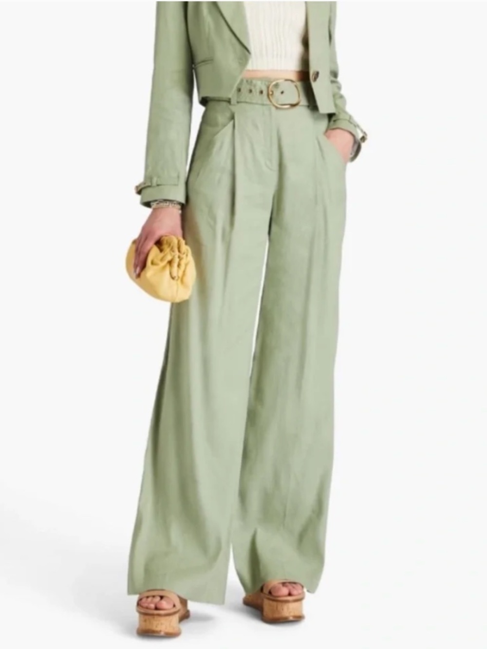 Veronica Beard Sage Green Wide-Leg Pleated Front Trousers Size 0